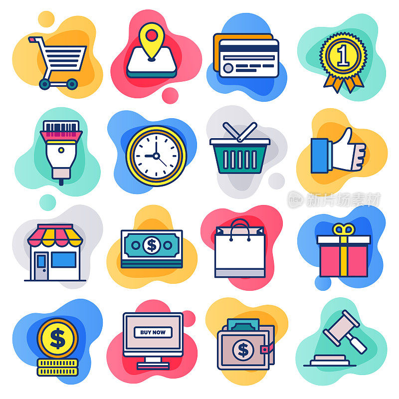 E-commerce Business, Technology, Society Flat Line Liquid Style Vector Icon Set